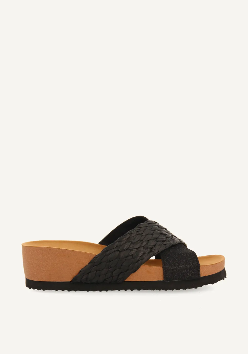 SANDALIAS CON CUÑA TIPO BIO Y TIRAS NEGRAS PARA MUJER GOULDS