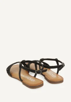SANDALIAS PLANAS NEGRAS DE PIEL TRENZADAS PARA MUJER ICARI