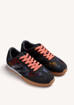 ZAPATILLAS AZUL PIEL Y SATÉN FLORES